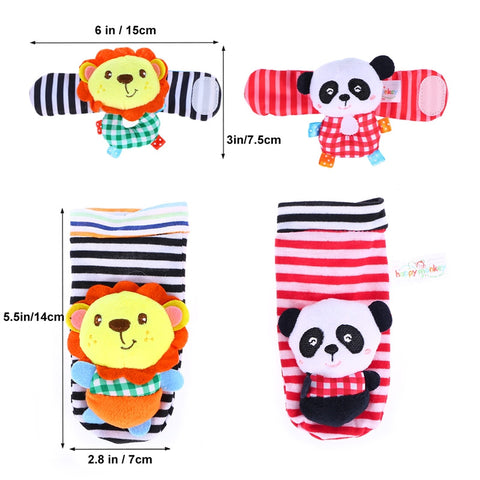 4 Soft Plush Animal Wrists Rattle and Foot Finder Socks Set for Infant Baby Boys and Girls