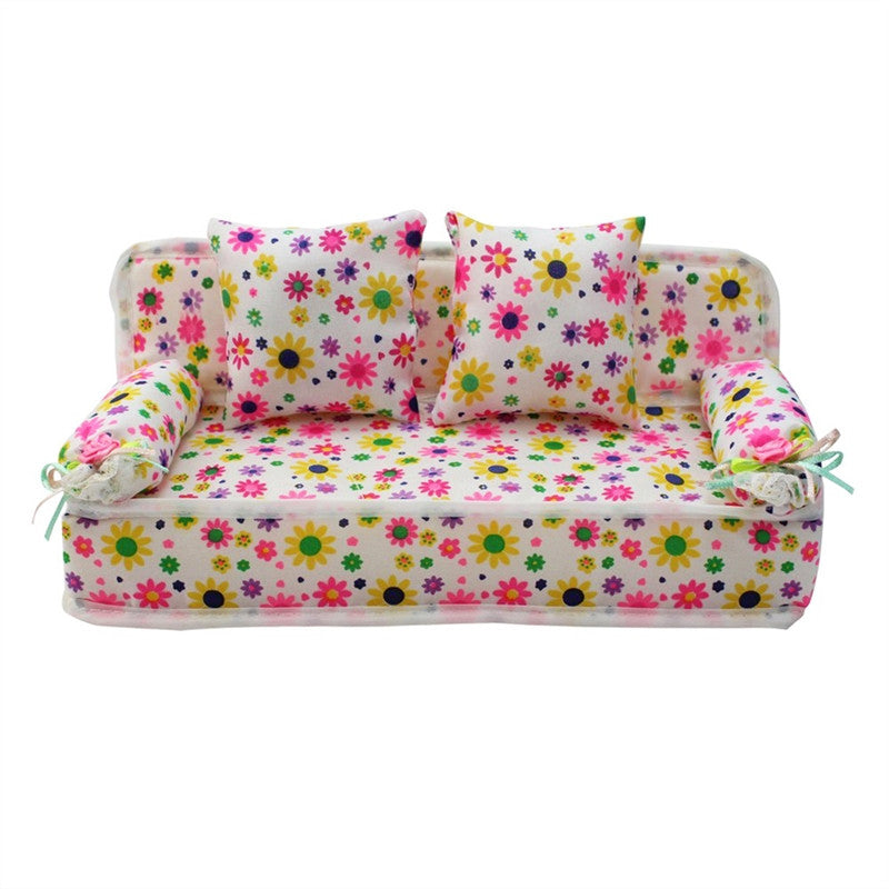 Lovely Miniature Furniture Flower Print Sofa Couch with 2 Cushions
